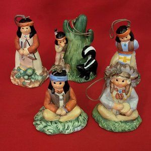 Vintage Native American Indian Figurines Bell Ornaments Set of 5